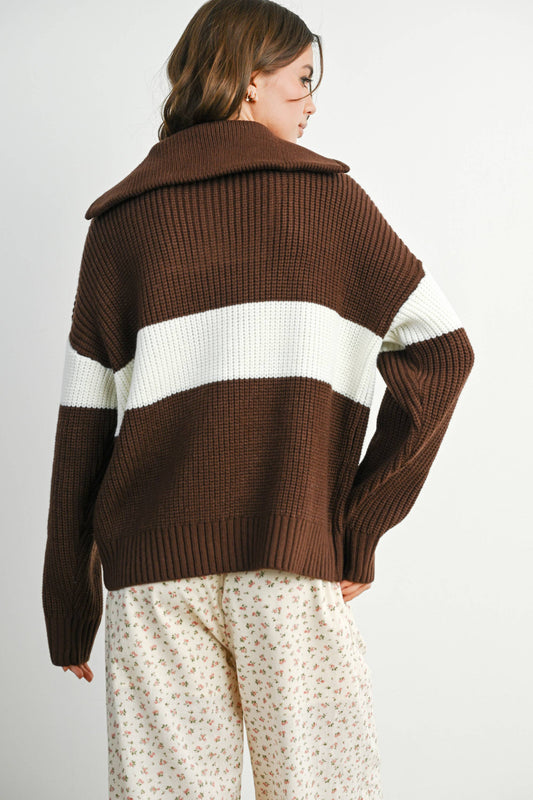 Neck Zip-Front Knit Sweater