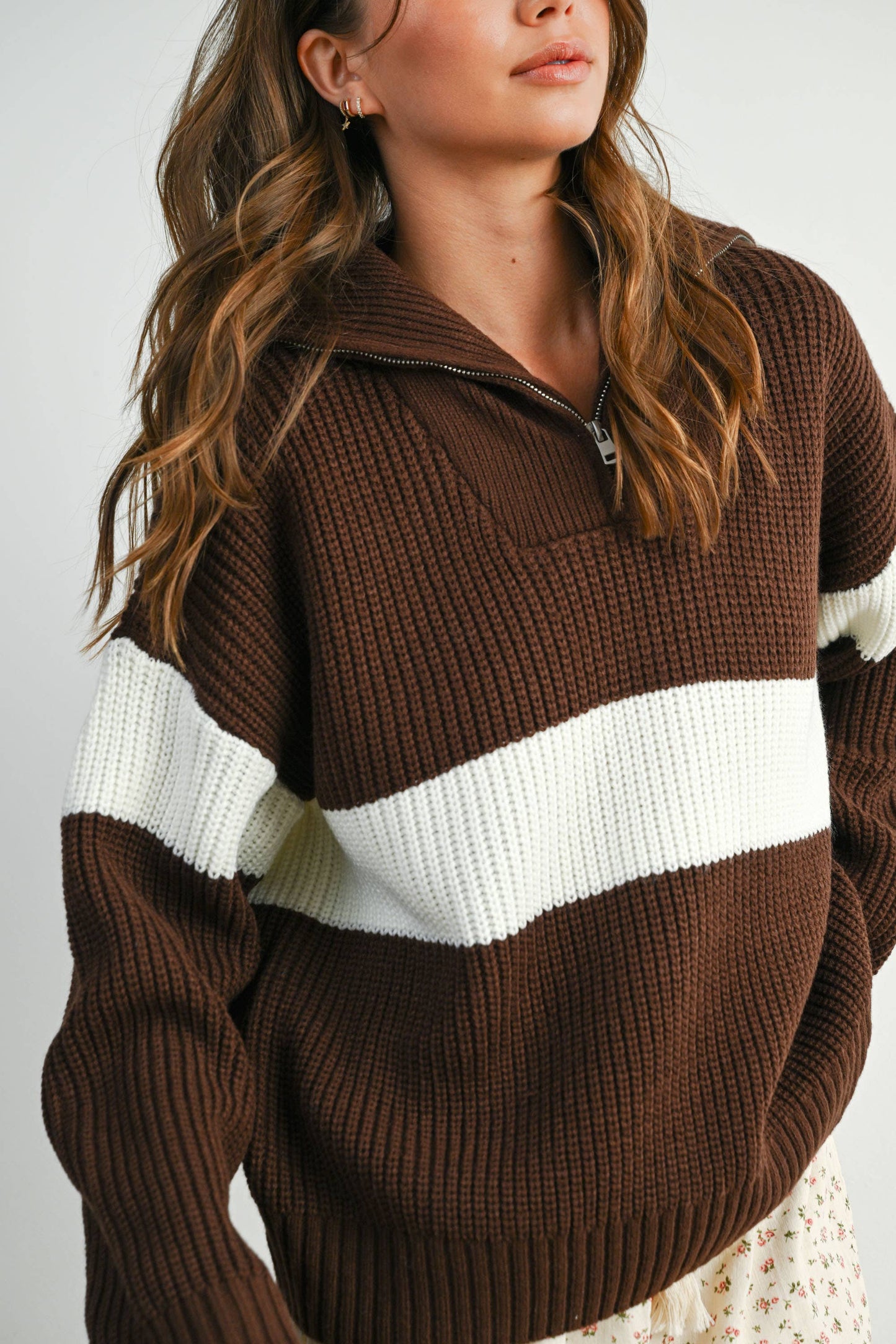 Neck Zip-Front Knit Sweater